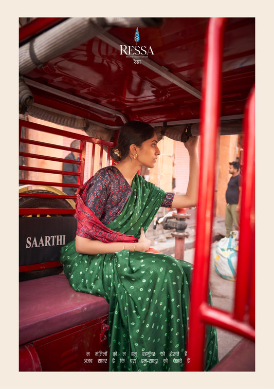 Dark Green Gajji Lagdi Patta Viscose With Ajrakh And Bandhej Print Saree
