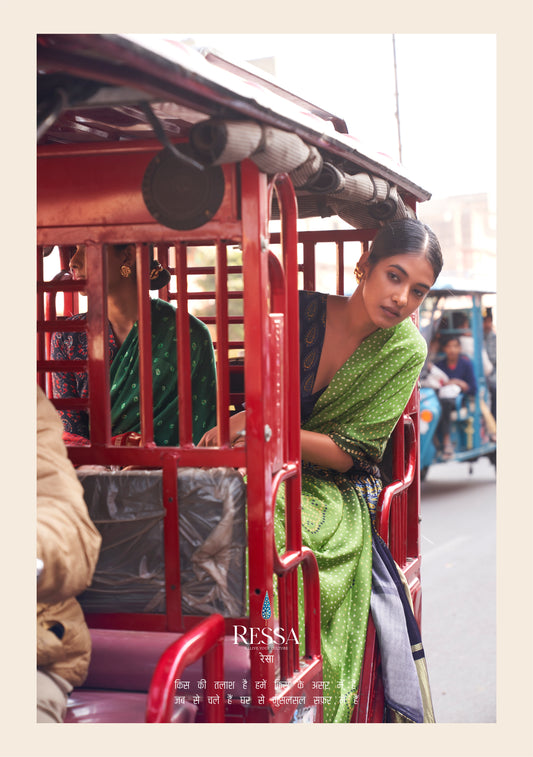 Light Green Gajji Lagdi Patta Viscose With Ajrakh And Bandhej Print Saree