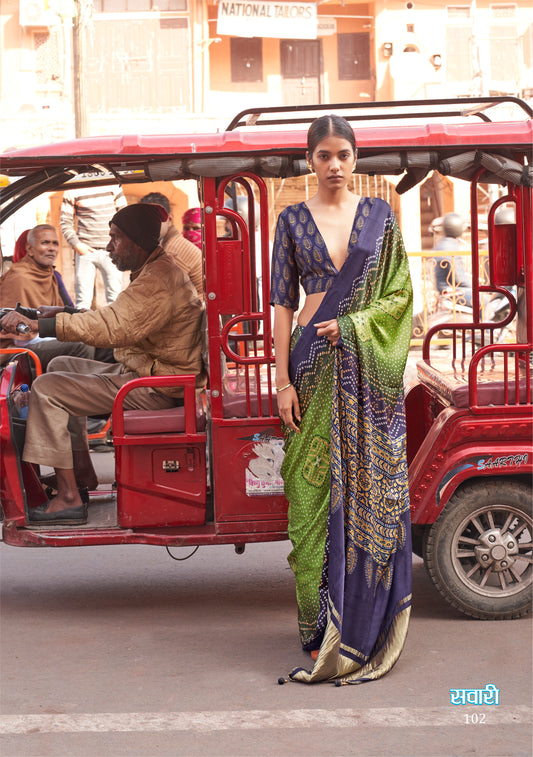 Light Green Gajji Lagdi Patta Viscose With Ajrakh And Bandhej Print Saree