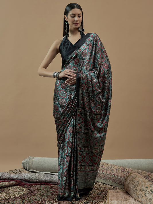 Mohar Women's Ajrakh Linen Hand Block Print Natural Dye Woven Saree