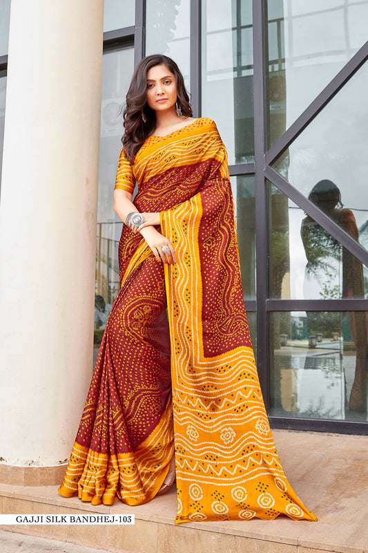 Gajji Silk Bandhej Maroon and Yellow – Exquisite Handcrafted Elegance