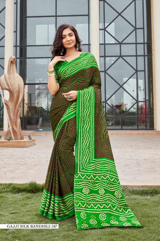 Gajji Silk Bandhej – Shades of Green & Brown with White Patterns