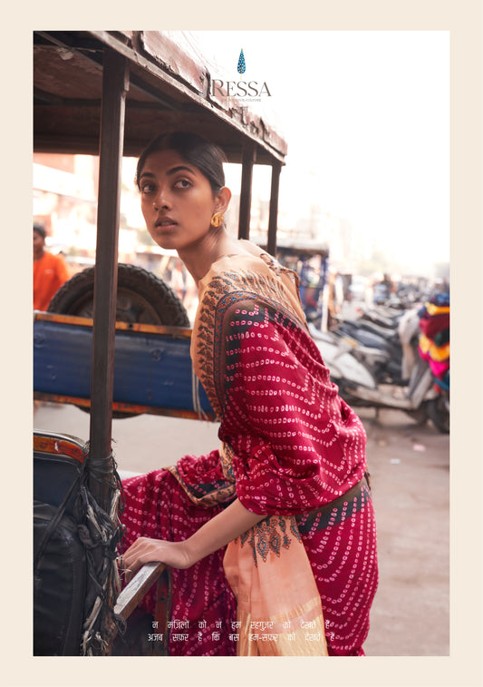 Hot Pink Coloured of Gajji Lagdi Patta Viscose With Ajrakh And Bandhej Print Saree