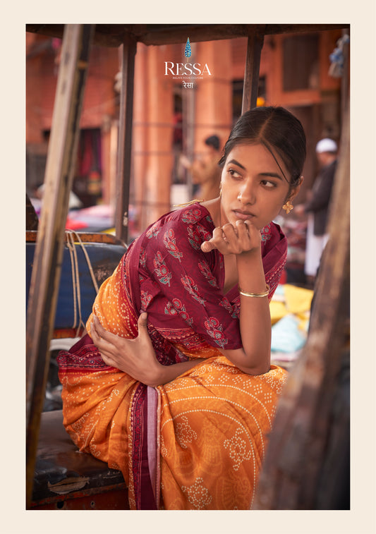 Orange Red Coloured of Gajji Lagdi Patta Viscose With Ajrakh And Bandhej Print Saree