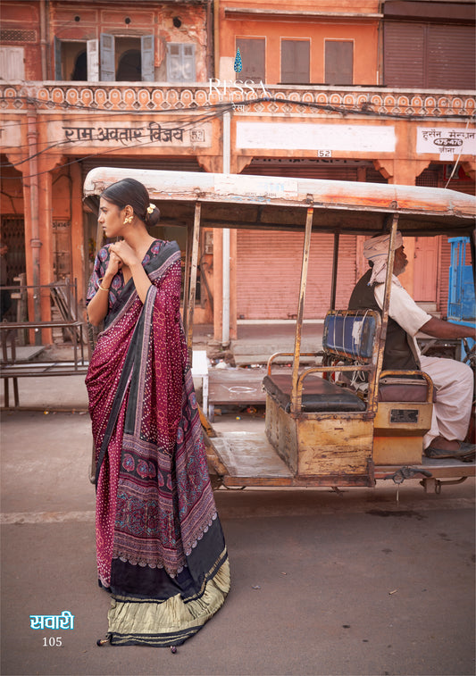 Maroon Coloured of Gajji Lagdi Patta Viscose With Ajrakh And Bandhej Print Saree