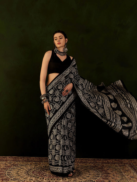 Womaniya Black Printed Trendy Art Silk Saree with Blouse Material