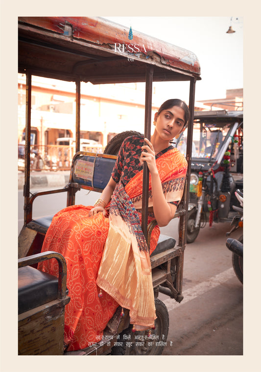 Orange of Gajji Lagdi Patta Viscose With Ajrakh And Bandhej Print Saree