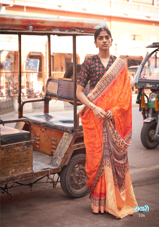 Orange of Gajji Lagdi Patta Viscose With Ajrakh And Bandhej Print Saree