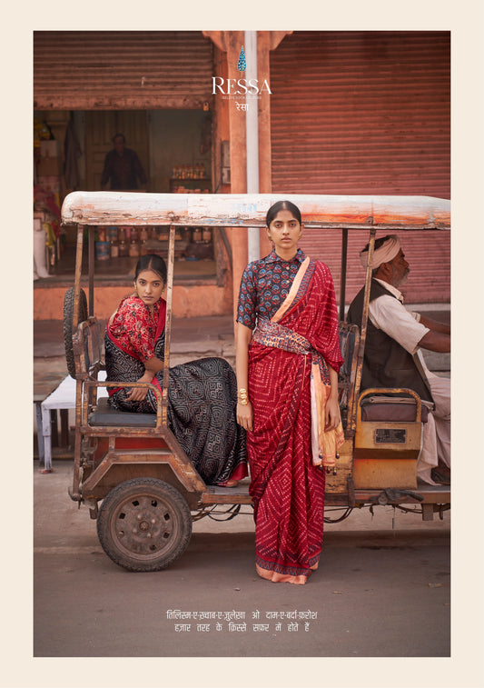 Red of Gajji Lagdi Patta Viscose With Ajrakh And Bandhej Print Saree