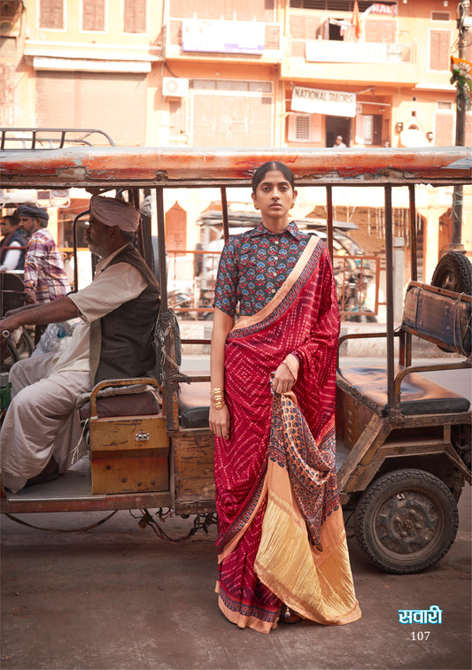 Red of Gajji Lagdi Patta Viscose With Ajrakh And Bandhej Print Saree