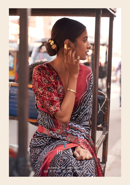 Red Black Contrast of Gajji Lagdi Patta Viscose With Ajrakh And Bandhej Print Saree
