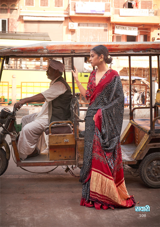 Red Black Contrast of Gajji Lagdi Patta Viscose With Ajrakh And Bandhej Print Saree