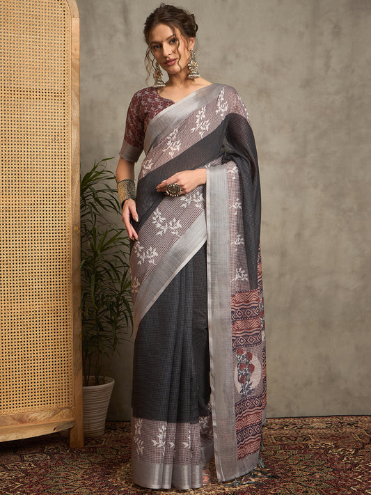 Sarika Grey and White Pure Linen Saree