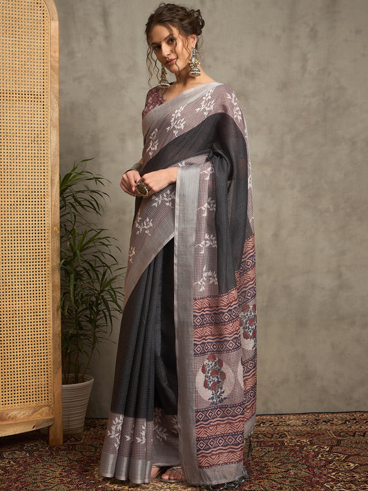 Sarika Grey and White Pure Linen Saree