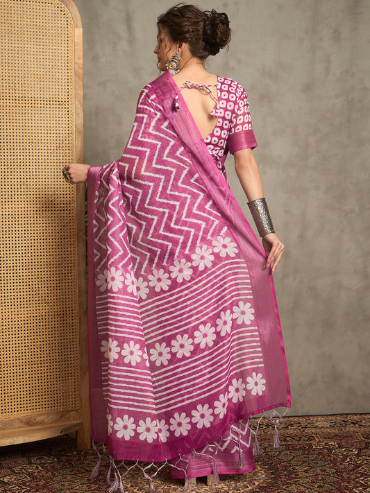 Sarika Pink with White Patterns Linen Saree