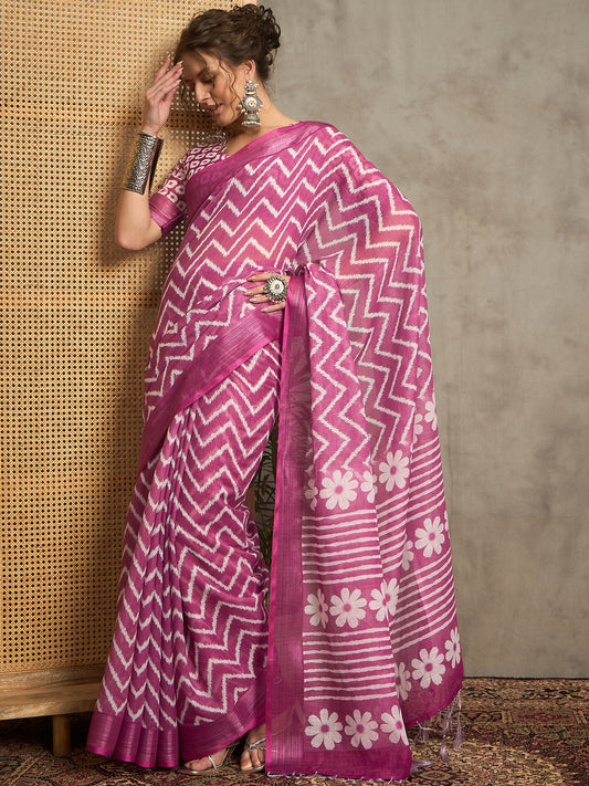 Sarika Pink with White Patterns Linen Saree