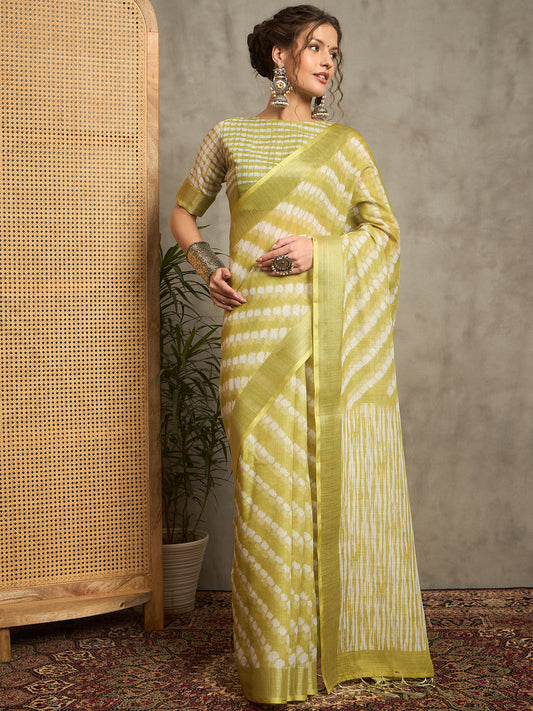 Sarika Yellow and Green Striped Pure Linen Saree