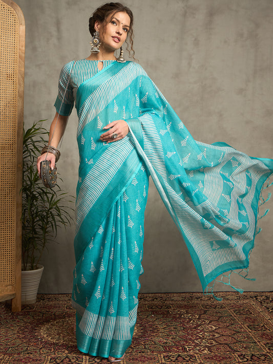 Sarika Turquoise Blue Pure Linen Saree