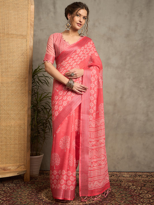 Sarika Pink Hand Block Printed Maheshwari Silk Saree