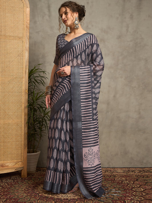 Sarika Sky Grey Linen Golden Zariwork Saree