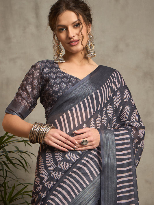 Sarika Sky Grey Linen Golden Zariwork Saree