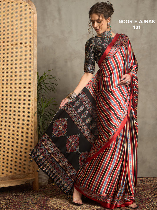 Noor-e-Ajrak Sartin Silk Saree With Batiq Print