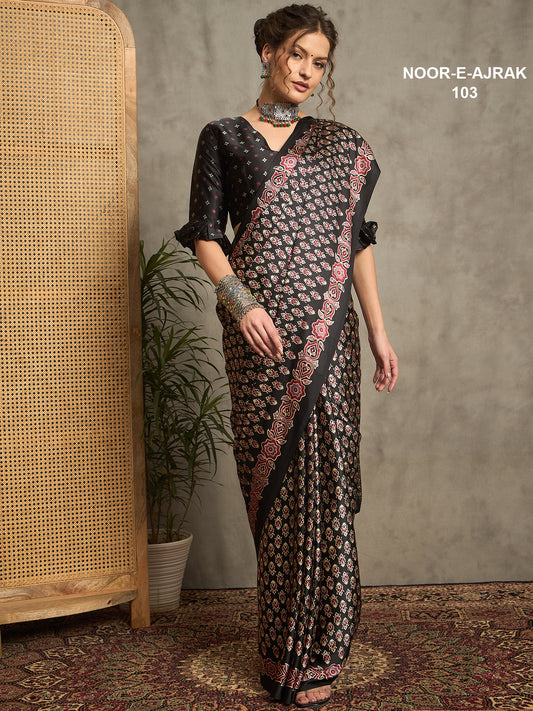 Noor E Ajrak Black Crepe Ethnic Motifs Print Saree