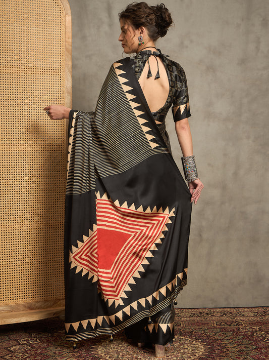 Black Stripe Ajrakh Printed Satin Silk Saree
