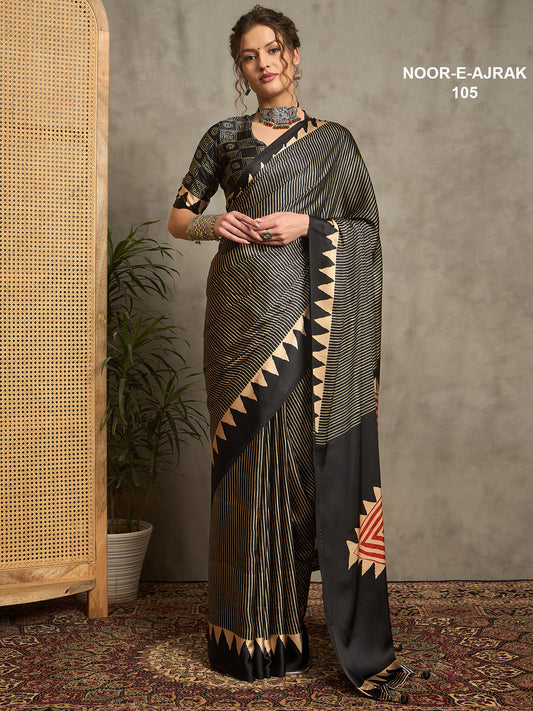 Noor E Ajrak Black and Gold Crepe Silk Saree