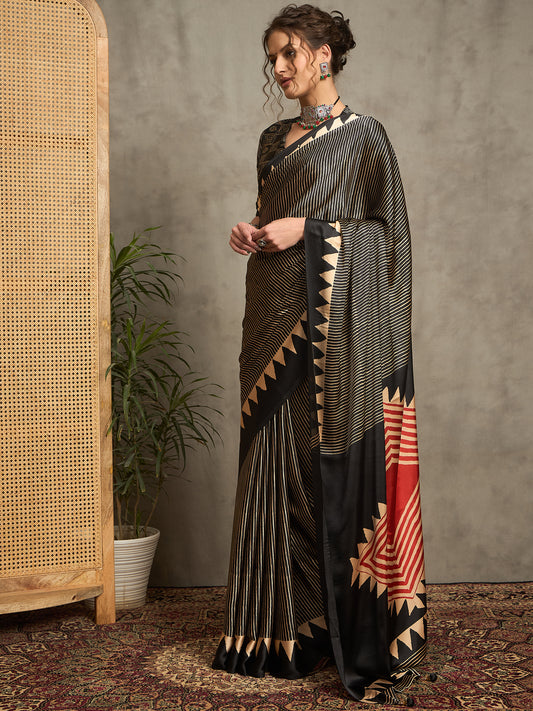 Black Stripe Ajrakh Printed Satin Silk Saree