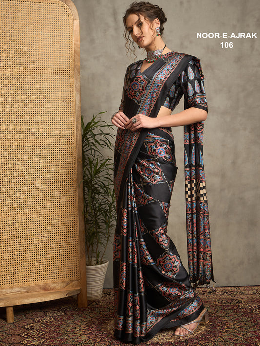 Noor E Ajrak Buta Black Modal Silk Saree