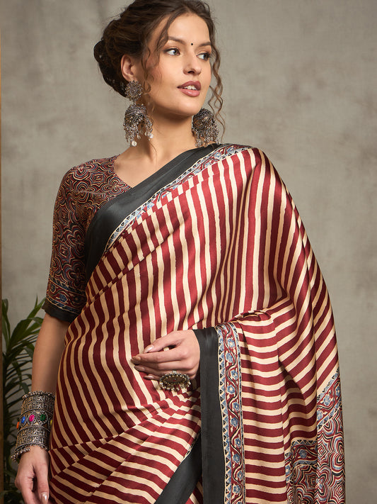 Thyme Red Stripe Ajrakh Printed Satin Gaji Silk Saree