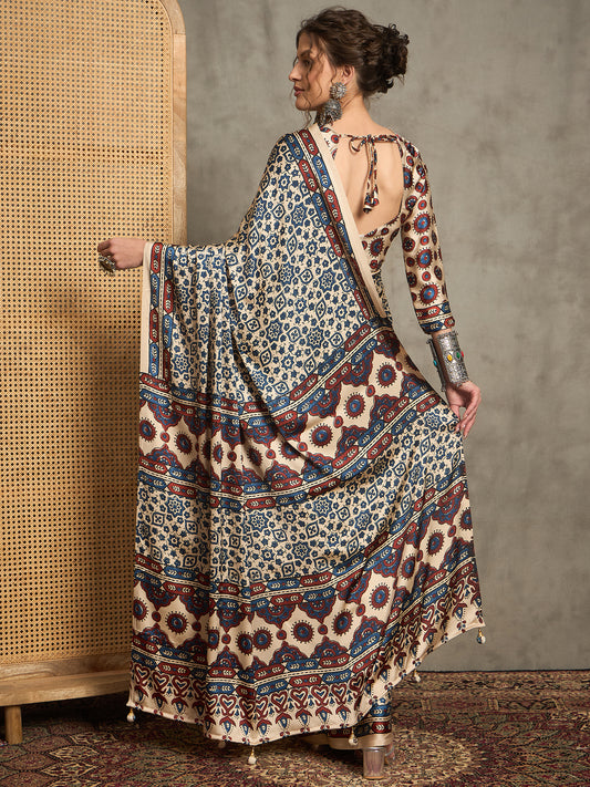 Ajrakh White Hand Block Printed Saree