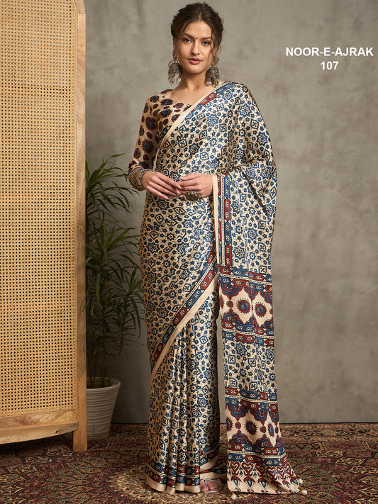 Noor-E-Ajrak Blue and cream Modal silk saree