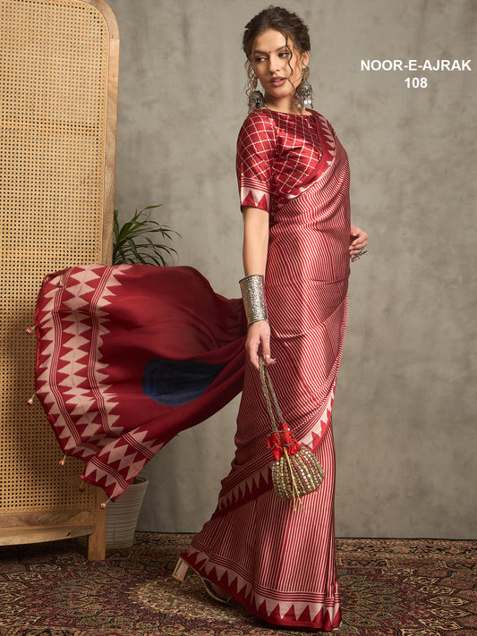 Noor E Ajrak Red Silk Blend Digital Print Saree