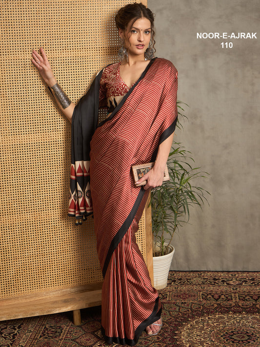 Noor E Ajrak Dark Beige Satin Leheriya Stripe Print Crochet Tassels Lace Saree