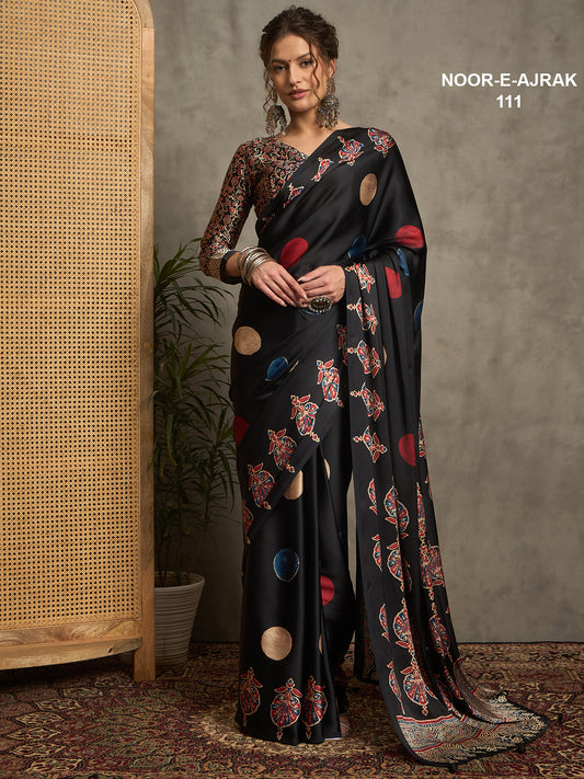 Noor E Ajrak Silk Zari Woven Black Saree