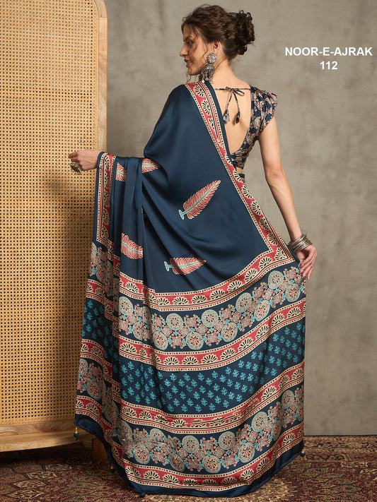 Noor E Ajrak Blue Floral Print Blended Crepe Silk Saree