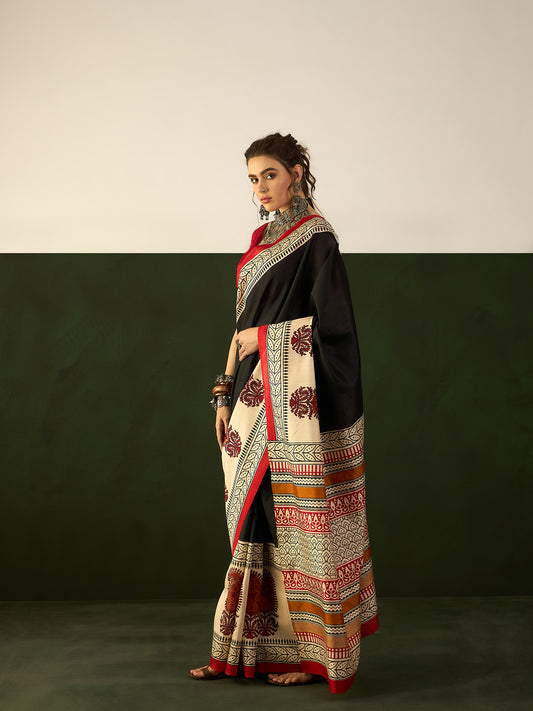 Black and cream Womaniya Printed Saree
