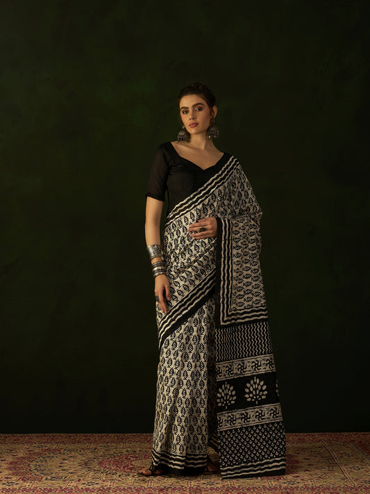 Womaniya Bhagalpuri Silk Traditional Saree in Beige and Brown with Printed Work