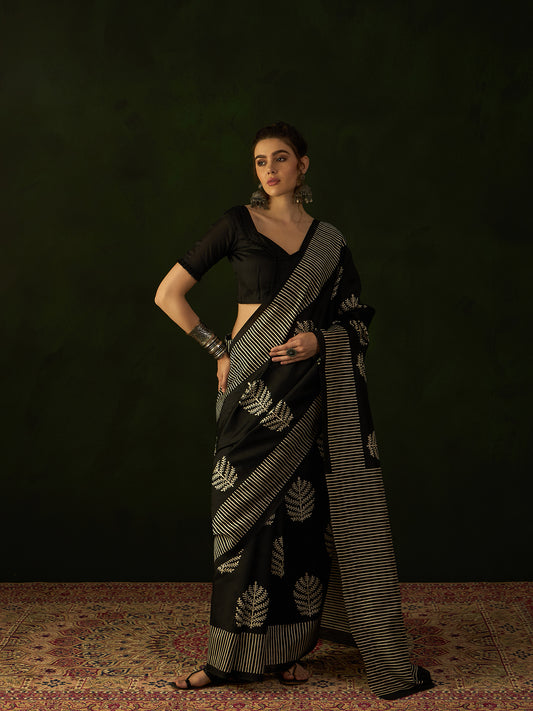 Womaniya Black Printed Bhagalpuri Silk Saree