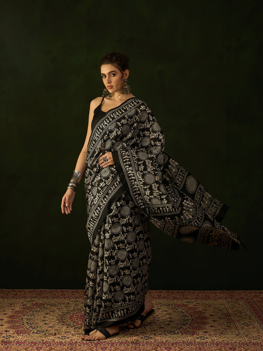 Womaniya Black Threadwork Tissue Saree