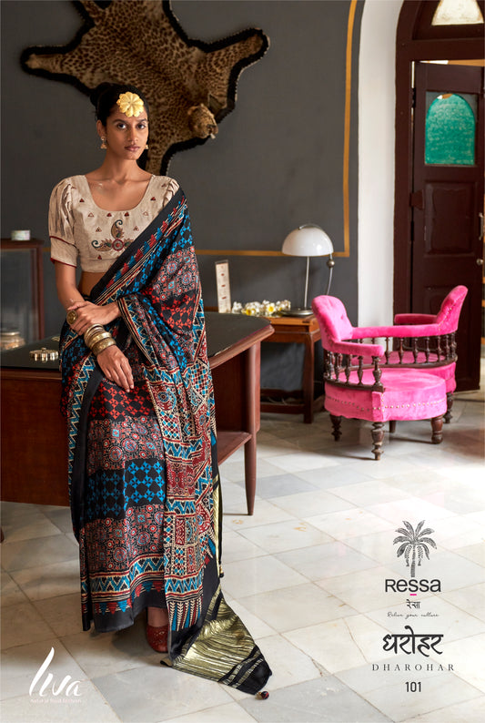 Viscose Ladgi Patta Ajrakh Print Saree with Contrast Embroidery Blouse