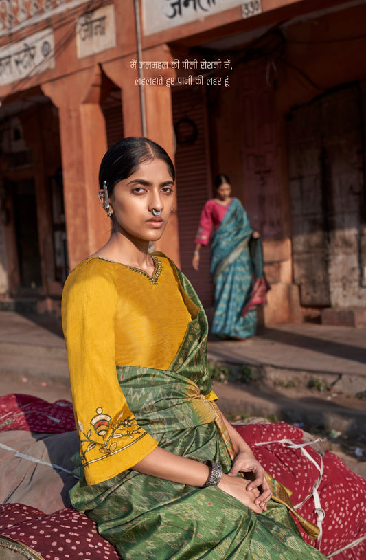 Green Ikkat Print Dolphin Fabric Saree