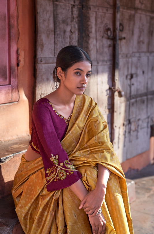 Mustard Ikkat Print Dolphin Fabric Saree