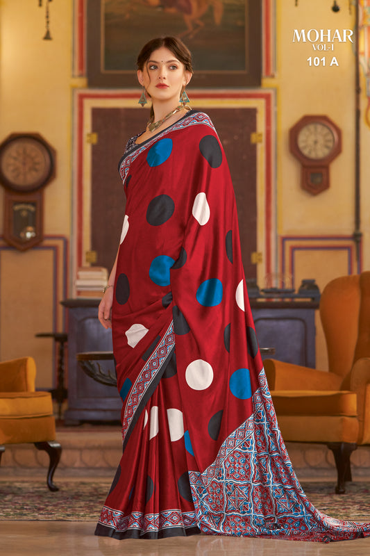 Red Mahor Printed Satin Crepe Saree
