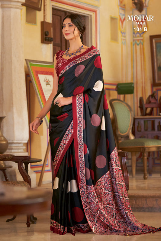 Mine Shaft Black Mohar Printed Satin Crepe Saree