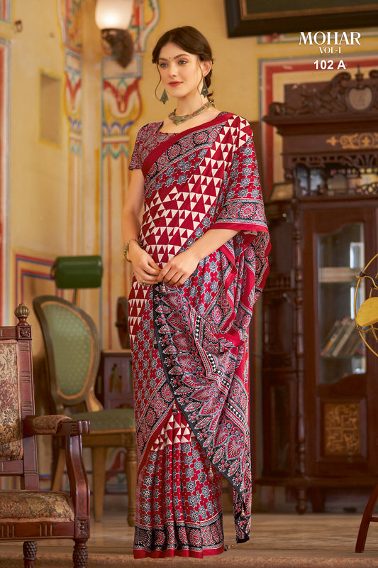 Red Mohar Crepe Printed Satin Crepe Saree