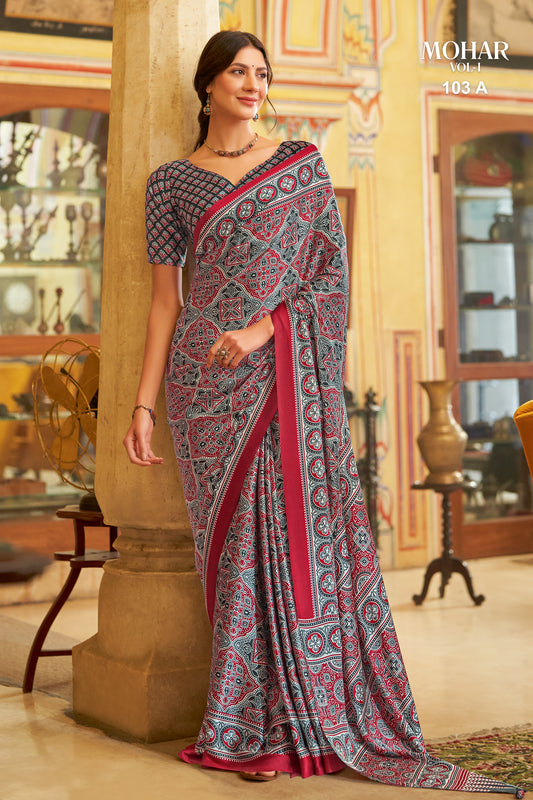 Mohar Women's Crepe Grey Printed Designer Saree