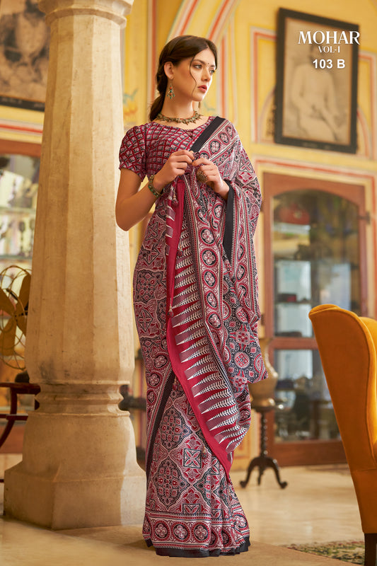 Stiletto Maroon Mohar Printed Satin Crepe Saree